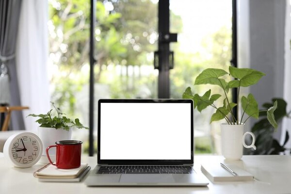 Desk with a plant, notebook, and mug near a bright window